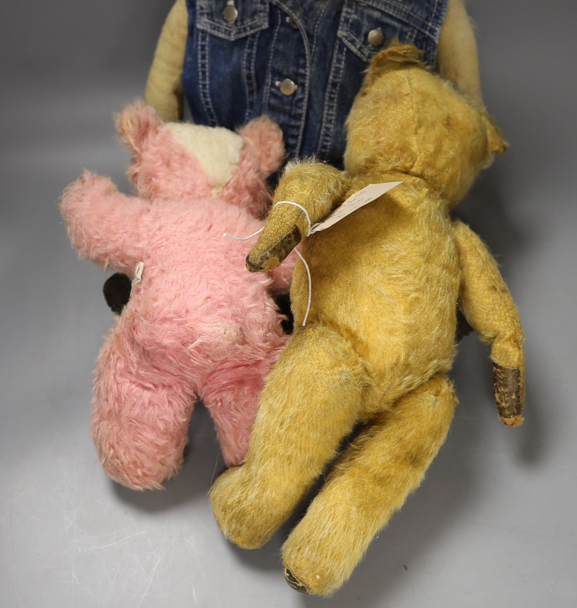 Three Chiltern Bears One Dressed in Hiking Clothes 43cm And a Pink Synthetic 28cm Also 1930's Bear 42cm.